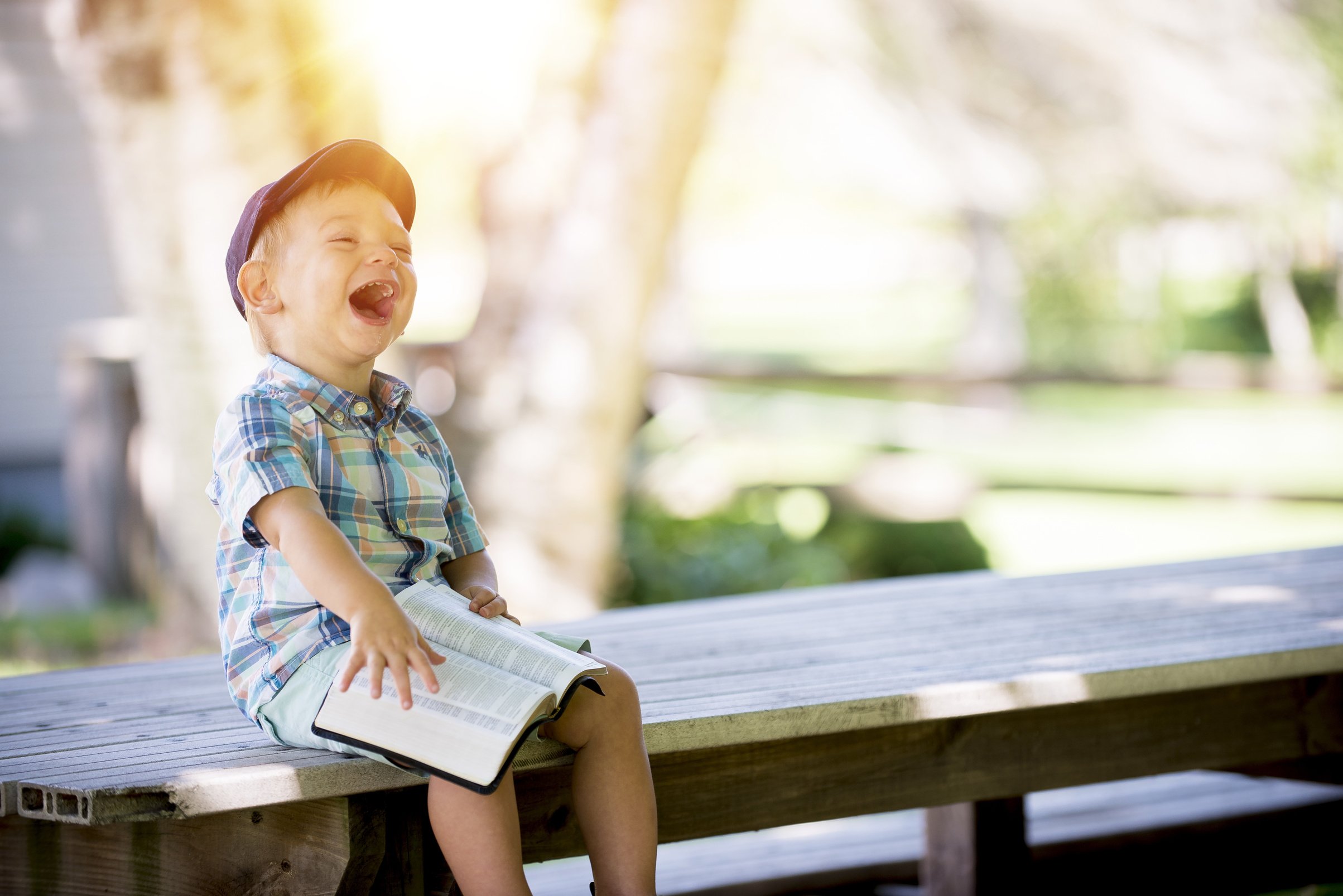 Happy Boy Sitting on Bench Outdoors